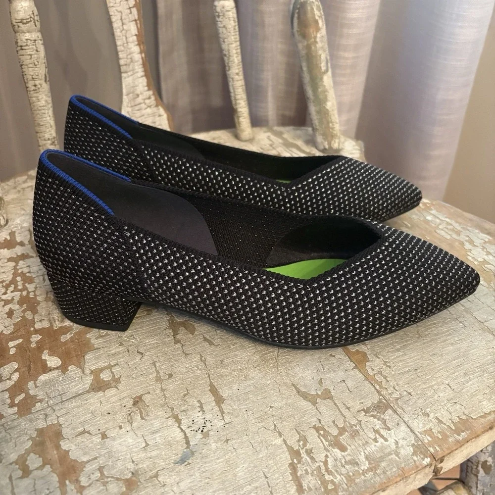 Rothy's The High Point Black White Metallic Knit Block Heel Pumps Size 7.5